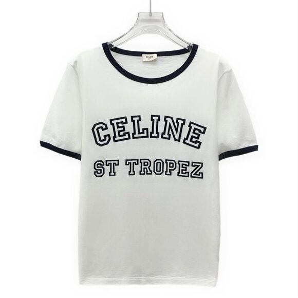 Celine White Logo Print Cotton Crewneck Short-Sleeve T-Shirt - Picture 1 of 8